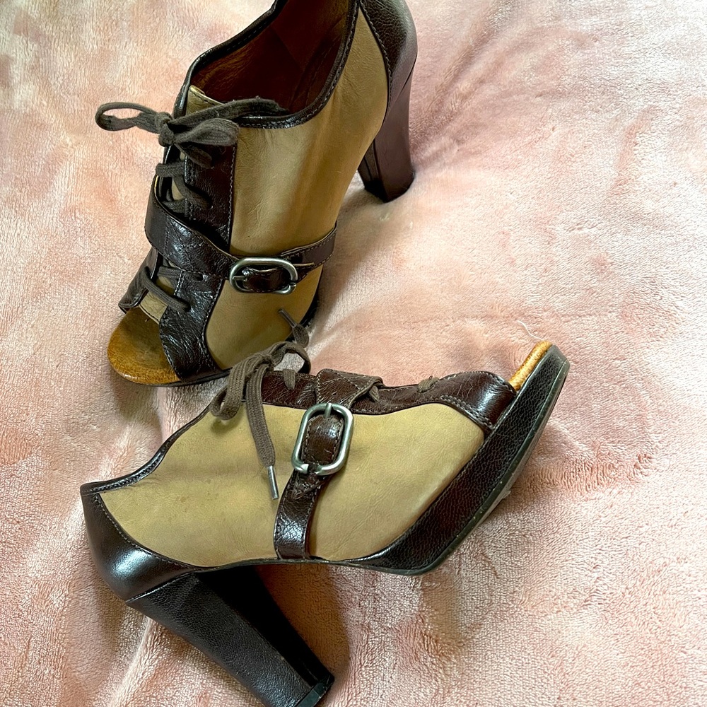Brown and tan lace up and buckle 3” heel shoes